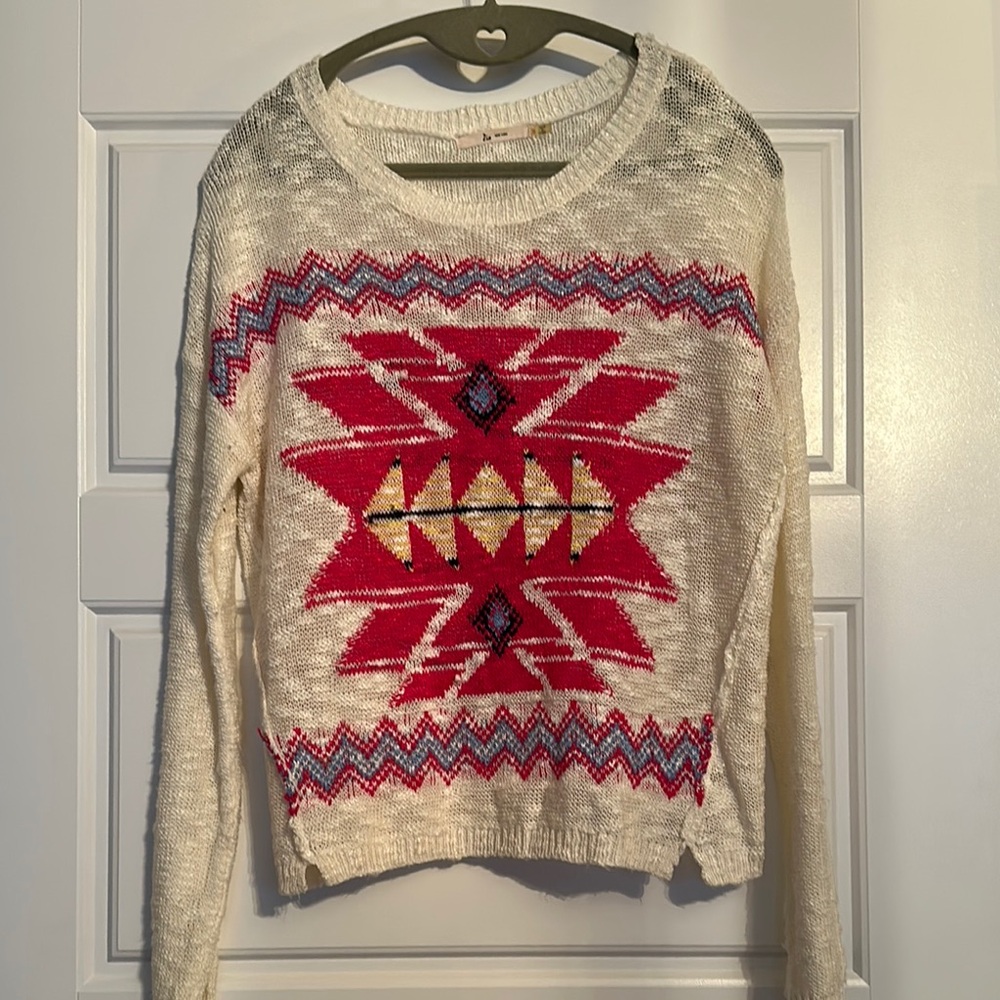 Southwestern Cream and Pink Geometric Crew Neck Sweater